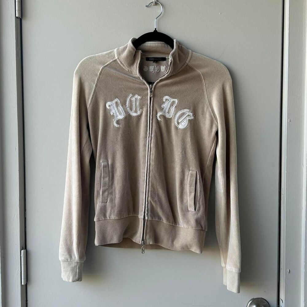 BCBG Y2K Mcbling Tan Velour Zip-up Jacket